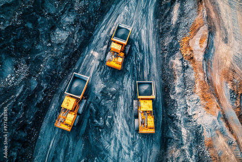 Aerial view of open cut coal mining with heavy machinery and trucks.