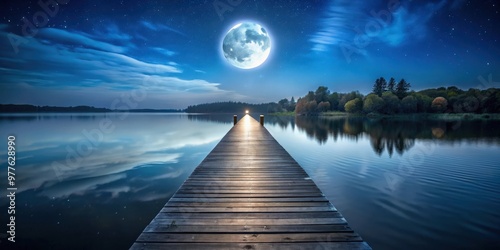 Wooden pathway on calm lake under moonlight at night photo