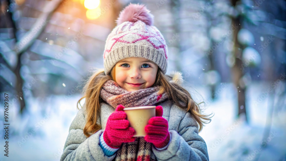 A little girl holds cup with warm drink in snowy landscape, wearing cozy hat and scarf. scene captures joyful winter moment filled with warmth and happiness