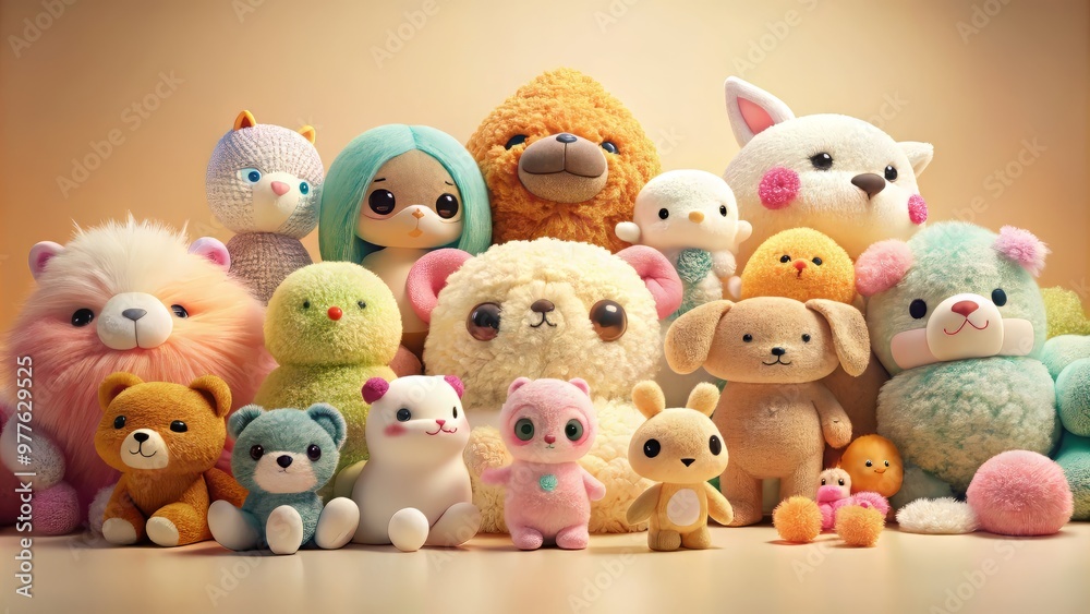 A colorful array of plush toys, stuffed animals, and cuddly pets adorn a soft, cream-colored background, radiating warmth and playful innocence in a serene atmosphere. A colorful array of plush toys, stuffed animals, and cuddly pets adorn a soft, cream-colored background, radiating warmth and playful innocence in a serene atmosphere.