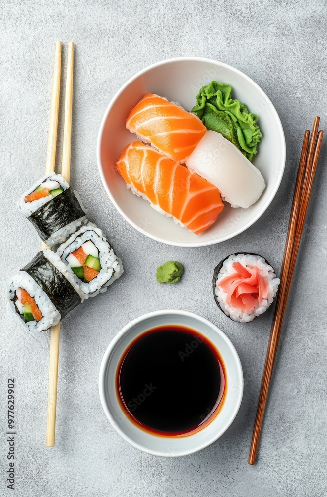 Delicious sushi set with salmon nigiri and rolls, accompanied by chopsticks and soy sauce on a textured gray background Delicious sushi set with salmon nigiri and rolls, accompanied by chopsticks and soy sauce on a textured gray background