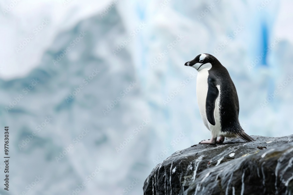 Obraz premium A photograph of a penguin framed against a dramatic glacial backdrop, highlighting the beauty and resilience of these Antarctic inhabitants