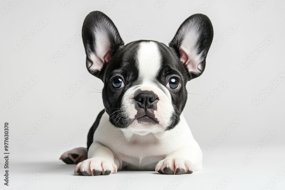 French Bulldog Puppy: Studio Portrait of White French Bulldog with Adorable Ears French Bulldog Puppy: Studio Portrait of White French Bulldog with Adorable Ears