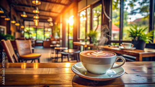 Wallpaper Mural A steaming cup of coffee sits on wooden table in cozy cafe, surrounded by lush greenery and warm sunlight streaming through large windows, creating serene atmosphere Torontodigital.ca