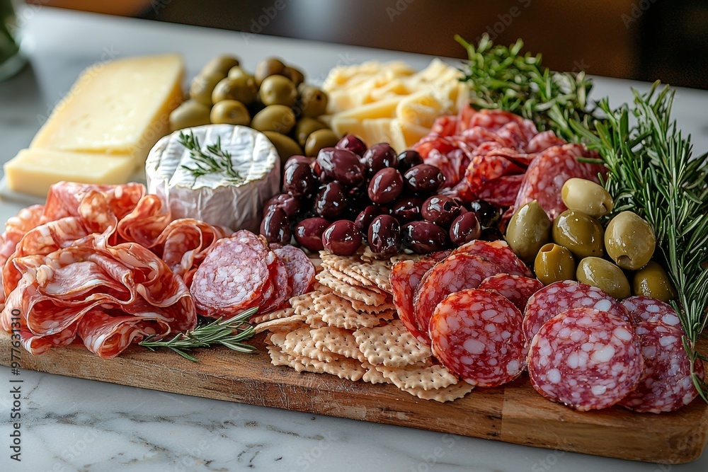 Antipasto platter with prosciutto crudo or jamon, ham, salami, cheese, olives and grapes/ Elegant charcuterie board with a variety of cured meat. Antipasto platter with prosciutto crudo or jamon, ham, salami, cheese, olives and grapes/ Elegant charcuterie board with a variety of cured meat.