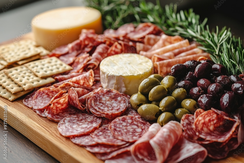 Antipasto platter with prosciutto crudo or jamon, ham, salami, cheese, olives and grapes/ Elegant charcuterie board with a variety of cured meat. Antipasto platter with prosciutto crudo or jamon, ham, salami, cheese, olives and grapes/ Elegant charcuterie board with a variety of cured meat.