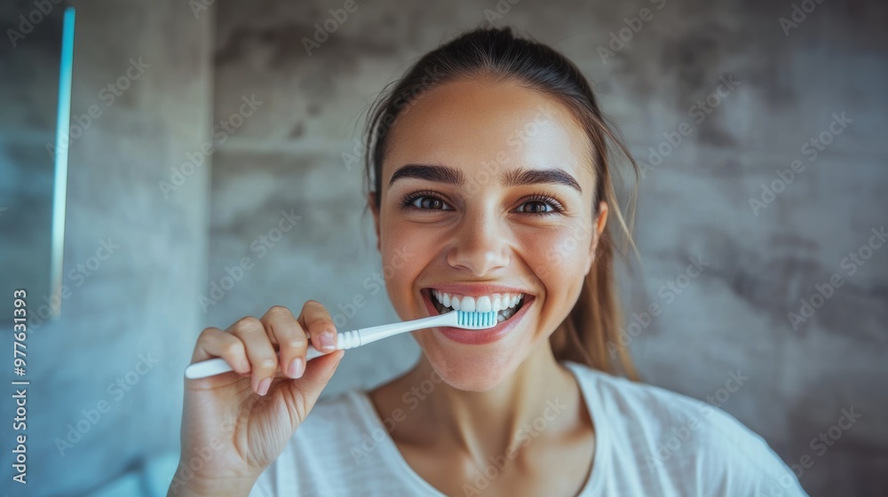 Woman smiles while brushing her teeth in a bright bathroom Woman smiles while brushing her teeth in a bright bathroom