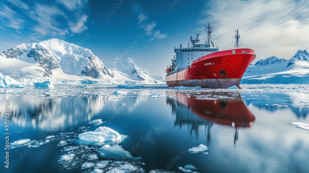 Obraz premium Cargo ship on an ice floe in the winter ocean or sea