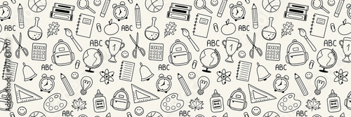 Cute school background with cartoon icons. Seamless pattern. Banner. Vector illustration