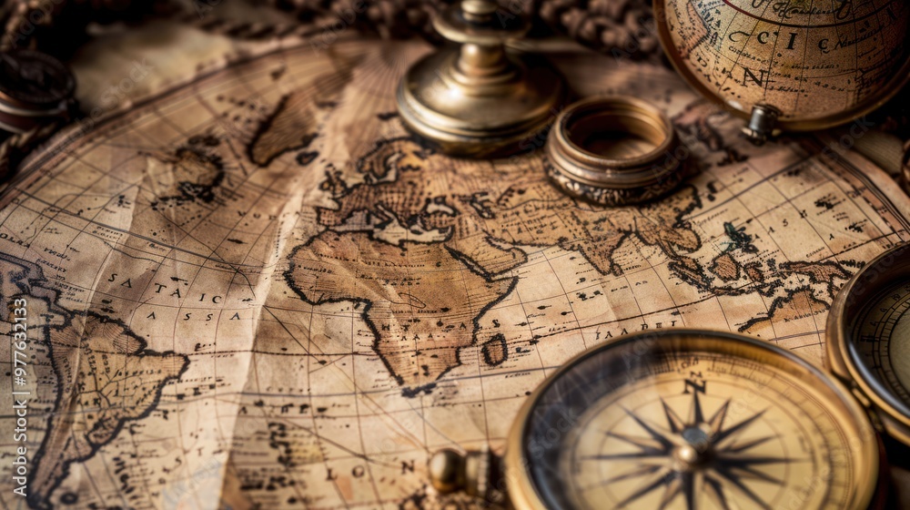 Naklejka premium Antique World Map with Compass and Globe