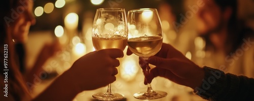 Close-up of a toasting celebration with a glass of Swedish aquavit among European people, creating a warm and festive atmosphere photo