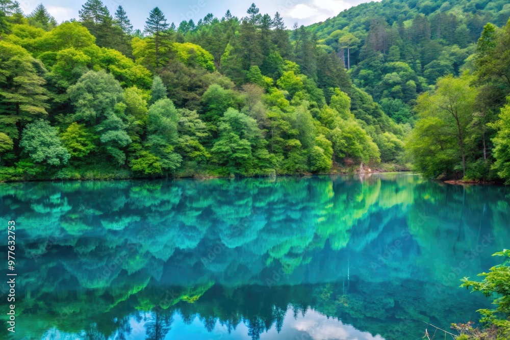 Naklejka premium Pristine turquoise lake surrounded by dense green forest.
