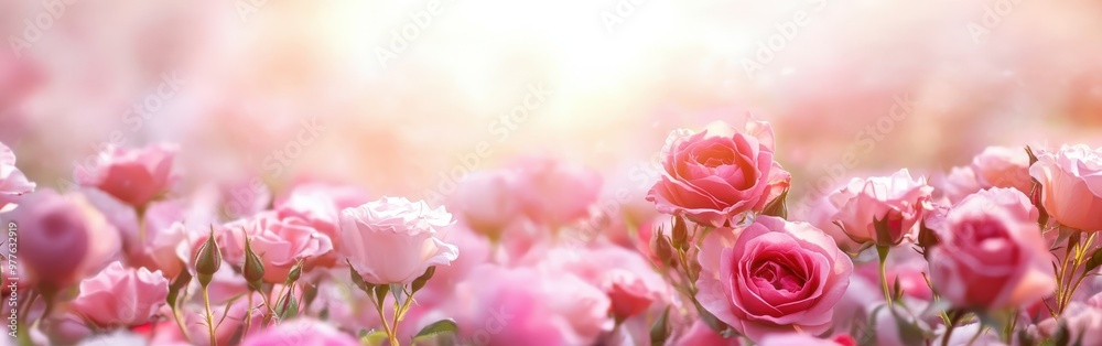 Colorful blooming roses in sunlight at a vibrant garden during spring