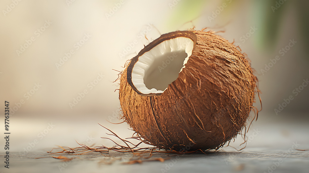 Tropical Coconut with Cracked Shell and Fibers Tropical Coconut with Cracked Shell and Fibers