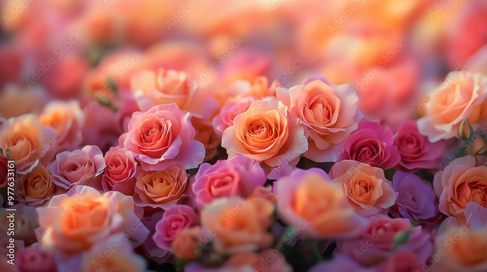 Vibrant roses in shades of pink and orange blooming in a garden Vibrant roses in shades of pink and orange blooming in a garden