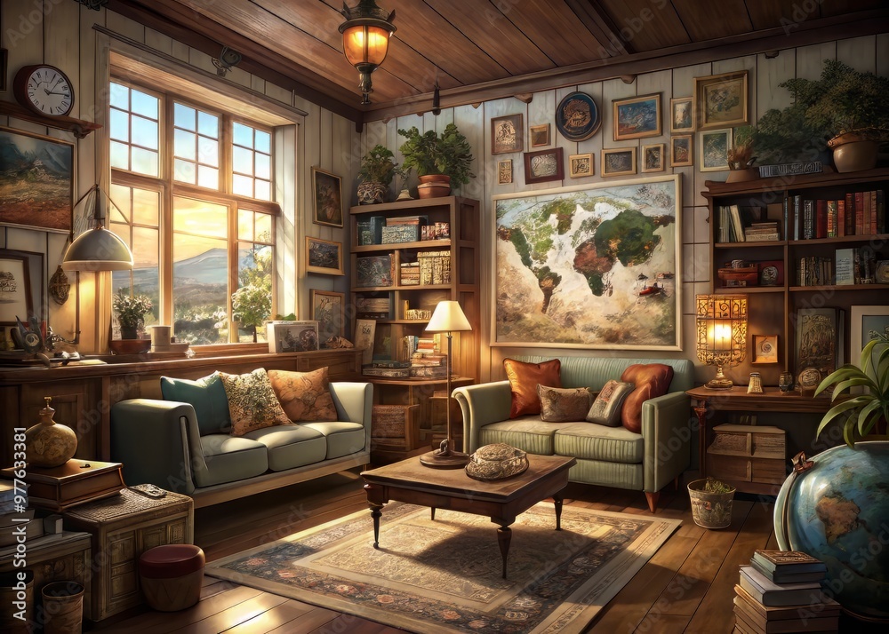 A cozy home with a grand tour-style gallery wall featuring vintage maps, globes, and nostalgic travel posters, surrounded by plush furniture in a warm, inviting ambiance.