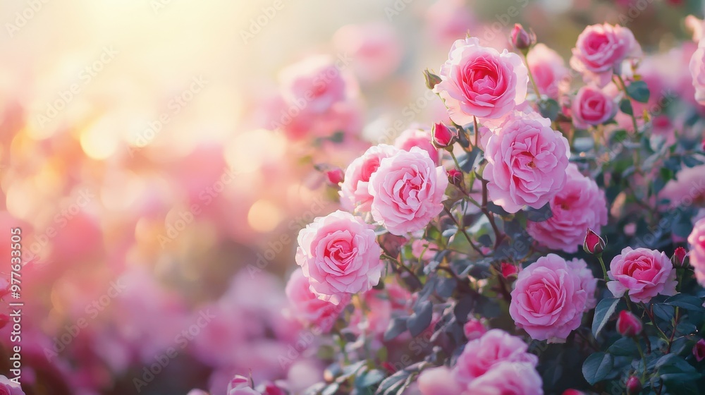 Beautiful pink roses blooming in a sunlit garden during springtime Beautiful pink roses blooming in a sunlit garden during springtime