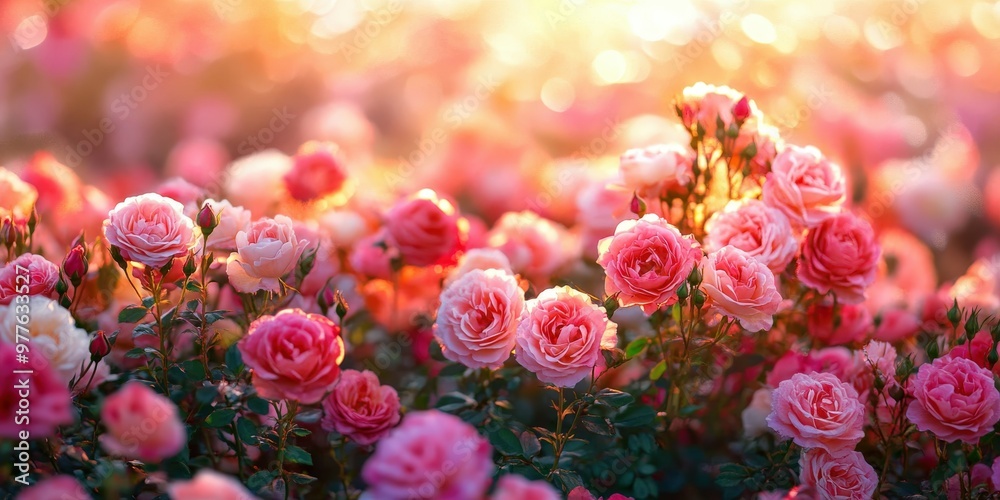 Beautiful pink roses blooming in the garden during golden hour light Beautiful pink roses blooming in the garden during golden hour light