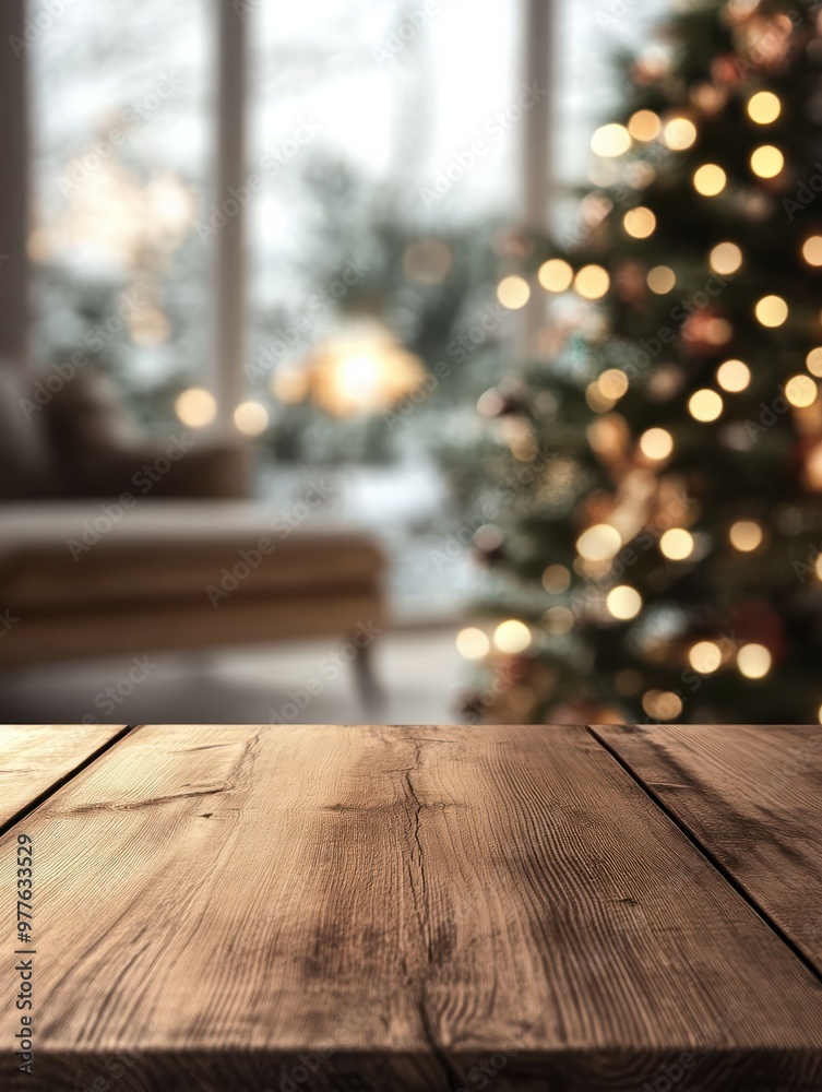 Wooden table top for product display on Christmas and winter theme with blur Xmas tree decorated with lights in a living room background Wooden table top for product display on Christmas and winter theme with blur Xmas tree decorated with lights in a living room background