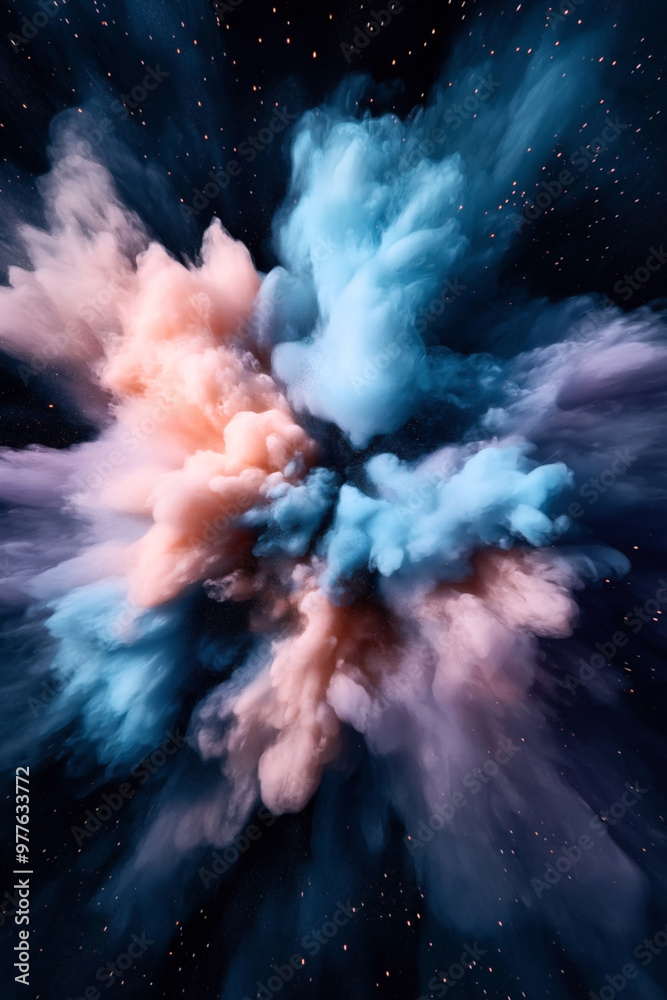 Naklejka premium Abstract image featuring an explosion of colorful powder or smoke clouds with a mix of pink, blue, and purple hues against a dark backdrop, creating a dynamic and vibrant scene.
