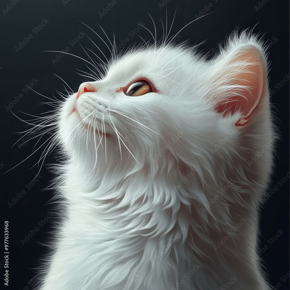 Majestic white cat gazing upward in soft light against a dark backdrop Majestic white cat gazing upward in soft light against a dark backdrop