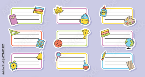 Set with school notebook labels in hand drawn style. Vector illustration