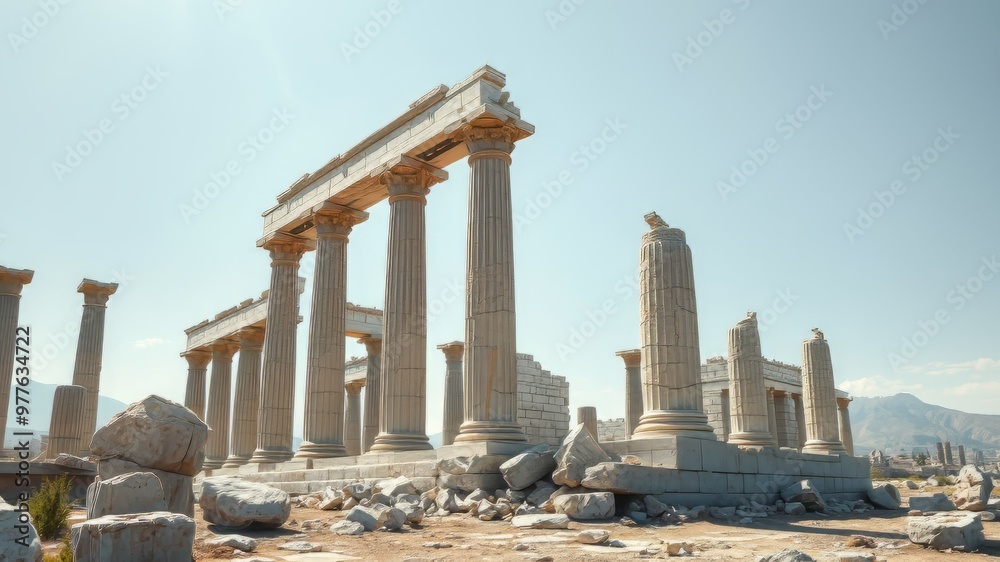 A crumbling ancient column stands amidst ruins, its intricately carved capital shattered and worn, with cracks and A crumbling ancient column stands amidst ruins, its intricately carved capital shattered and worn, with cracks and