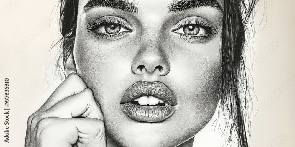 Detailed pencil portrait of a young woman with striking features Detailed pencil portrait of a young woman with striking features