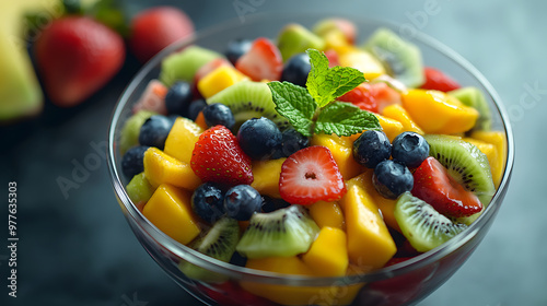 Vibrant Fruit Salad in a Glass Bowl