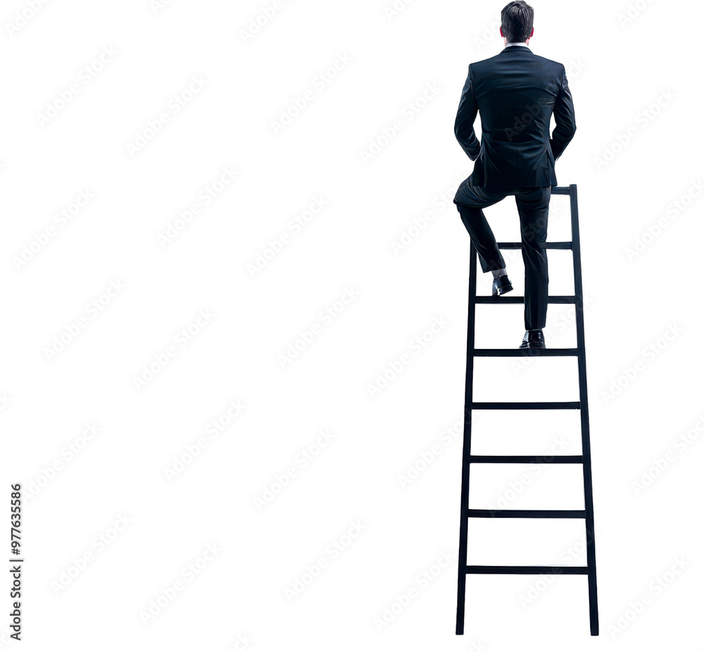 Businessman climbs a ladder, symbolizing career growth, ambition isolate on transparent background, png, cutout Businessman climbs a ladder, symbolizing career growth, ambition isolate on transparent background, png, cutout