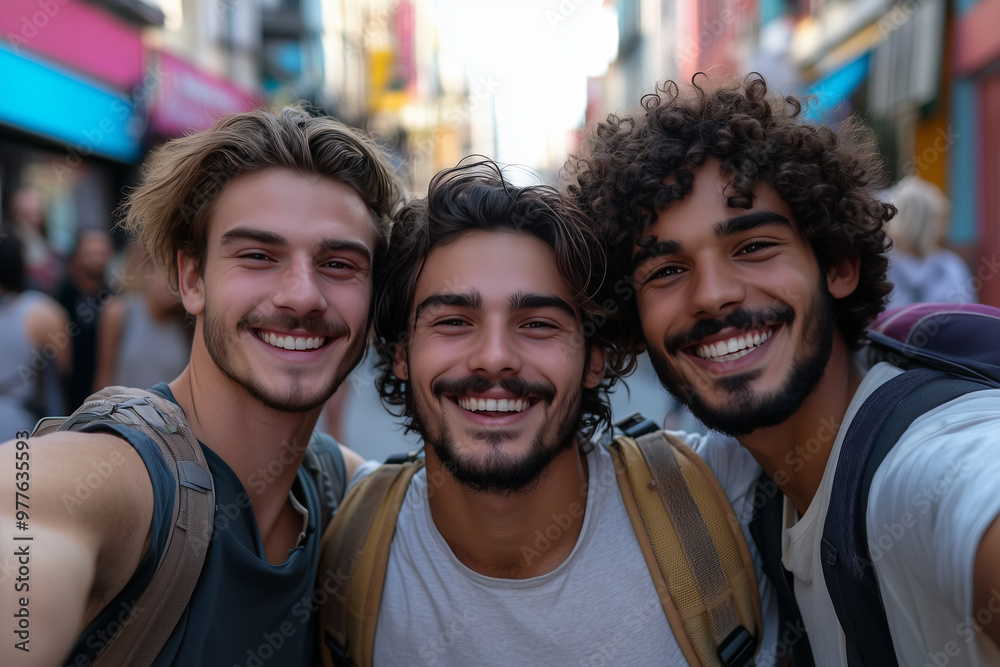 A group of tourists are smiling and posing for selfies on the street. A group of tourists are smiling and posing for selfies on the street.