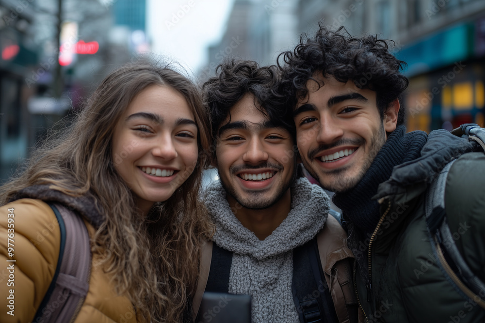 A group of tourists are smiling and posing for selfies on the street.