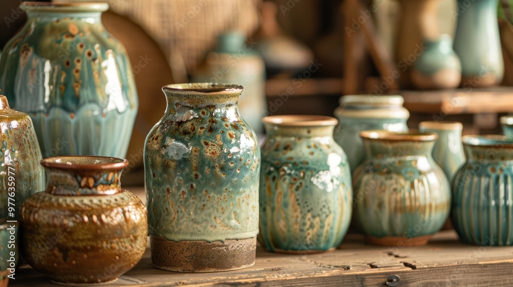 Ceramic Vases Displayed on Wooden Shelf Ceramic Vases Displayed on Wooden Shelf