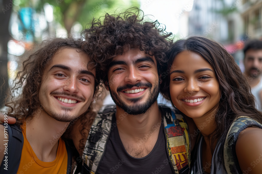A group of tourists are smiling and posing for selfies on the street. A group of tourists are smiling and posing for selfies on the street.