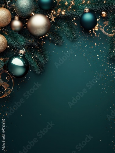 Beautiful dark Christmas background with green and golden, shining decoration and empty space. Copy space for your text. Merry Xmas, Happy New Year. Festive backdrop. photo