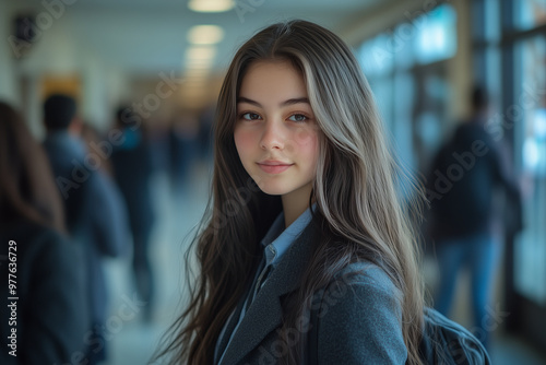 High school girl looks at the camera with confidence in the hallway, attending class.