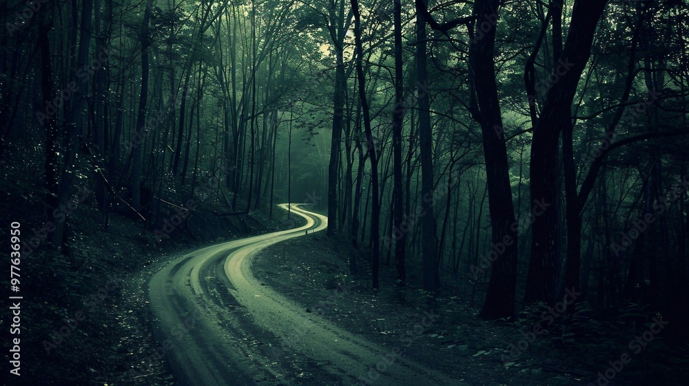 Winding Road Through Dark Forest, Moody Atmosphere with Dense Trees and Mist. Generative AI Winding Road Through Dark Forest, Moody Atmosphere with Dense Trees and Mist. Generative AI