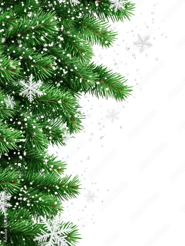 border of isolated green Christmas tree branches at the edge on transparent background with sparkling white snowflakes on white background with copy space PNG border of isolated green Christmas tree branches at the edge on transparent background with sparkling white snowflakes on white background with copy space PNG