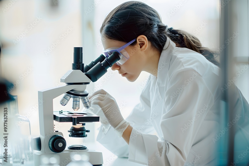 Female biochemist using microscope while working on scientific research in laboratory. Female biochemist using microscope while working on scientific research in laboratory.