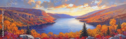 Autumn panorama of mountains and lake under a colorful sunset sky