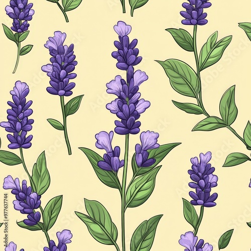 Beautiful lavender flower pattern with soft purples and greens, botanical style