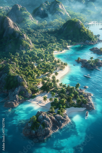 Aerial view of tropical island with greenery and sandy beach. Surrounded by turquoise waters and palm trees swaying in the breeze.