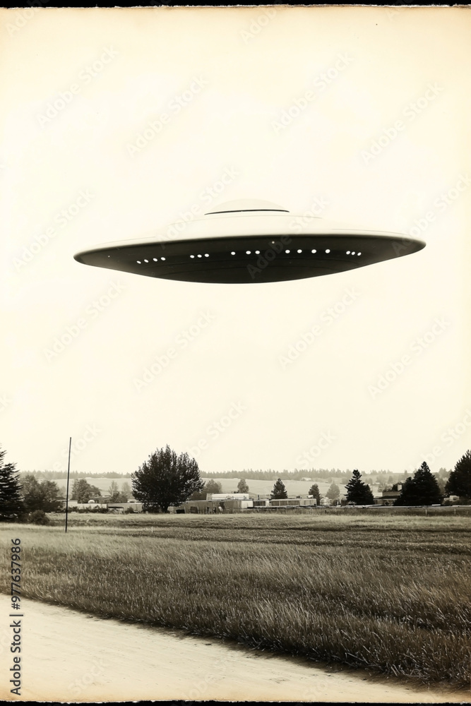 Fototapeta premium Vintage black and white photograph of a classic flying saucer UFO hovering above a rural landscape with fields, trees, and a small settlement in the background.