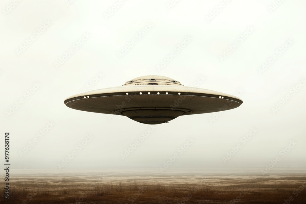 Fototapeta premium An image of a large, unidentified flying object (UFO) hovering above a barren landscape. The UFO has a classic saucer shape with lights lining the lower rim.