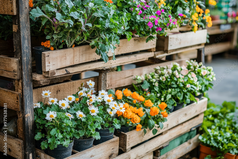 Flowers and vegetable planted in the recycle wooden box. The box was arranged and stacked nicely in the slanted rack. Flowers and vegetable planted in the recycle wooden box. The box was arranged and stacked nicely in the slanted rack.