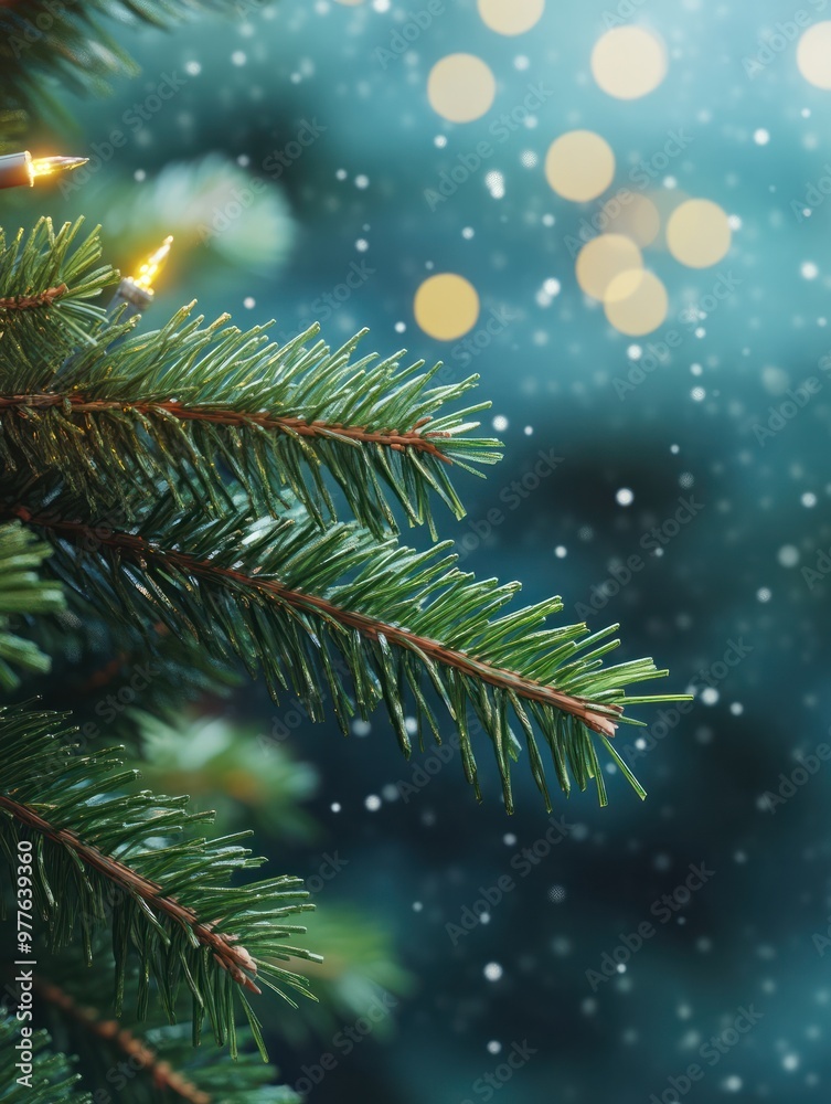Close up of a christmas tree branch. Christmas lighting, decorations, blurry in background. AI generated