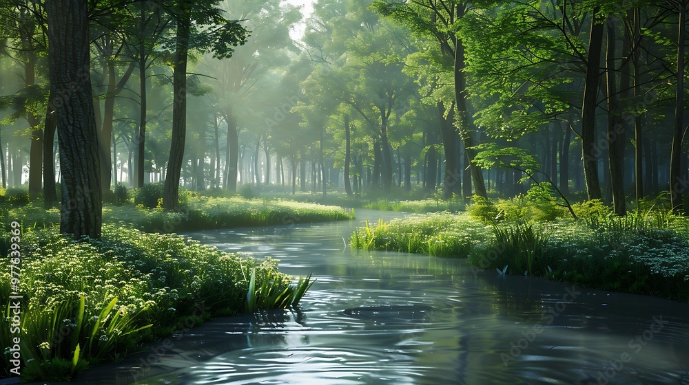 A river with trees and bushes dense forest A river with trees and bushes dense forest
