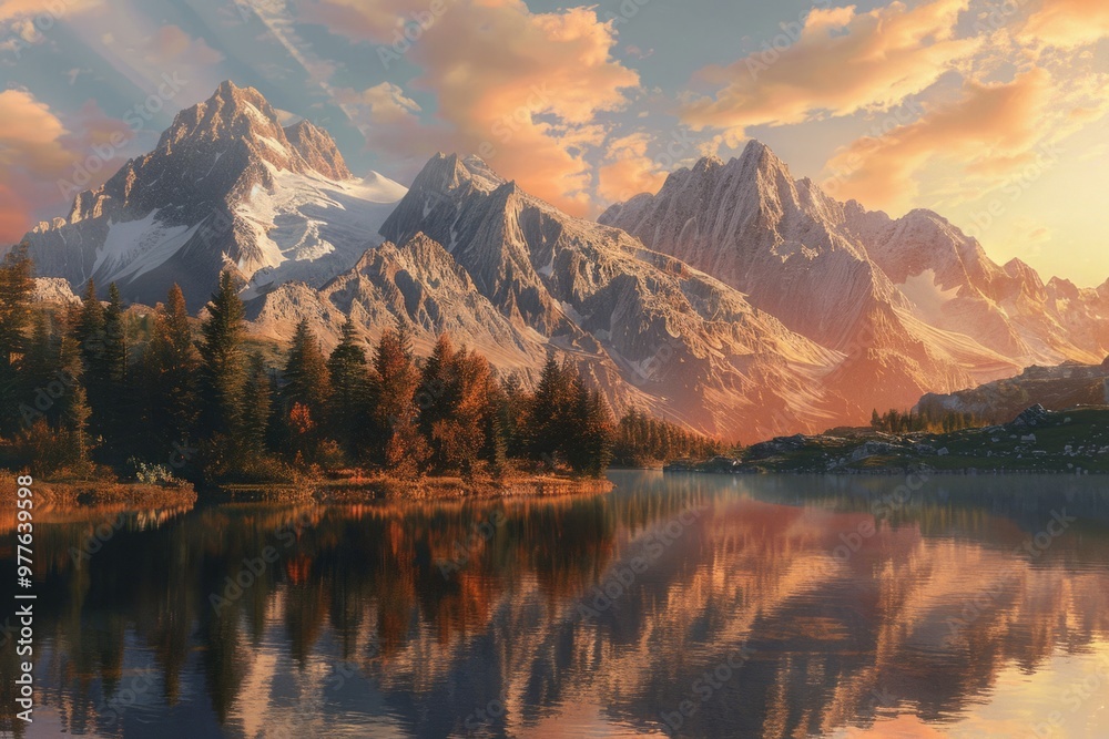 A painting of a majestic mountain range bathed in the warm hues of sunrise, with a tranquil lake reflecting the peaks in the foreground A painting of a majestic mountain range bathed in the warm hues of sunrise, with a tranquil lake reflecting the peaks in the foreground