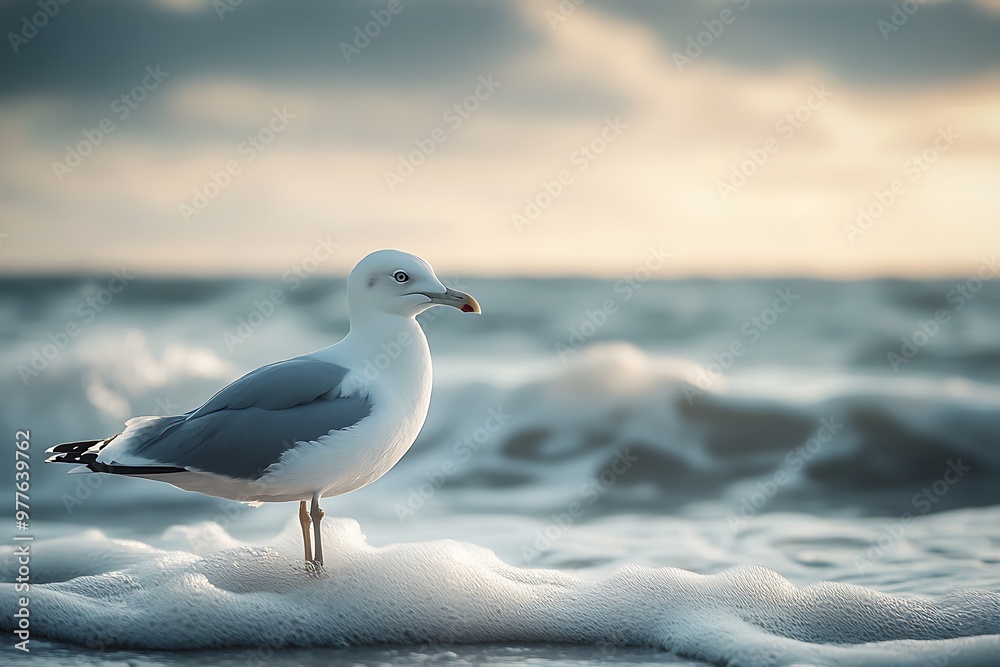 Seagull standing on foamy waves at sunset Seagull standing on foamy waves at sunset