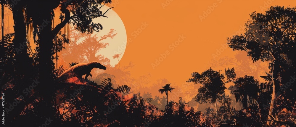A dinosaur is walking through a jungle with a full moon in the background A dinosaur is walking through a jungle with a full moon in the background